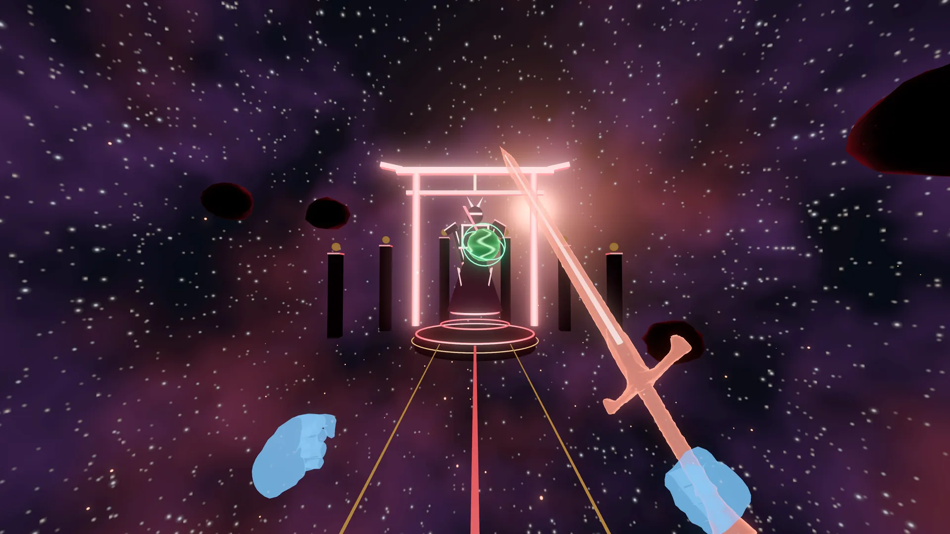 A sword raised toward a neon swordsman under a glowing gate among the stars
