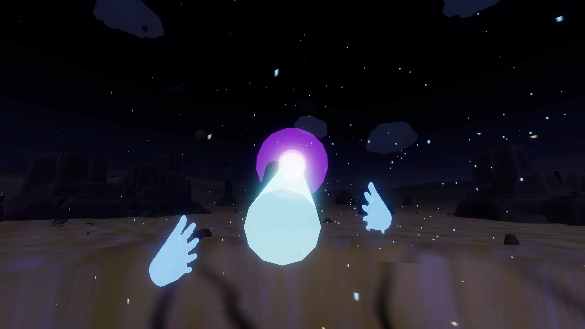 A two-handed energy beam meets a violet orb in a desert beam clash