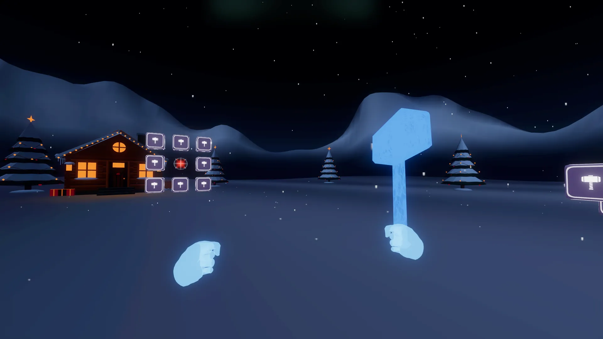 An energy hammer raised in a snowy valley beside a cabin and a crate target board