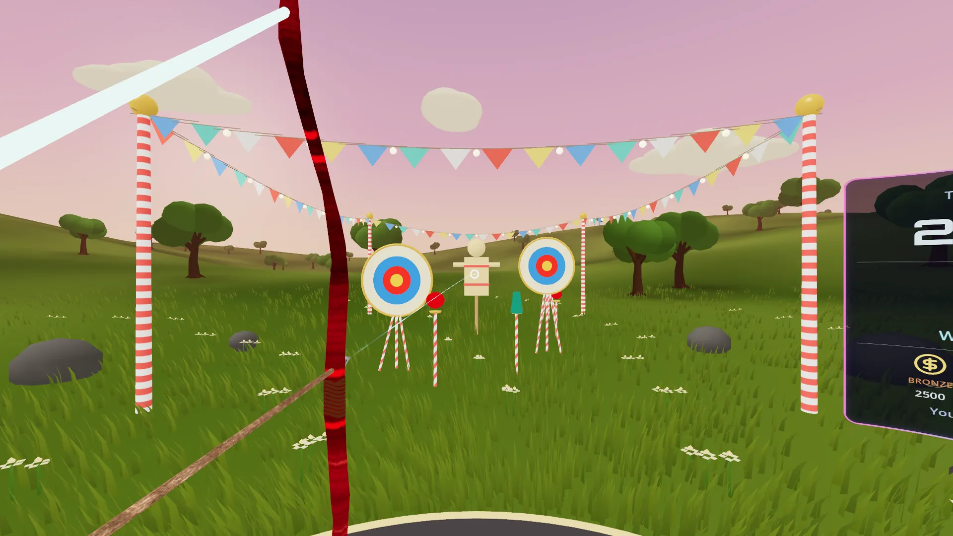 A drawn bow aims at archery targets under festival bunting