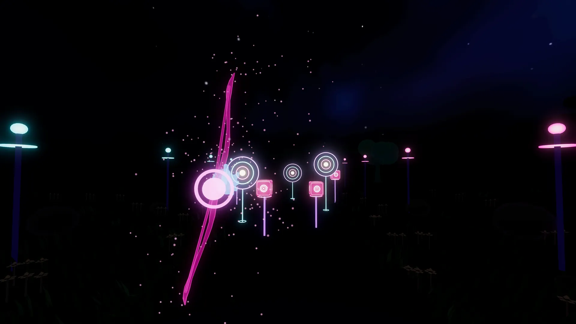 A glowing pink bow aimed at neon ring targets in a dark field