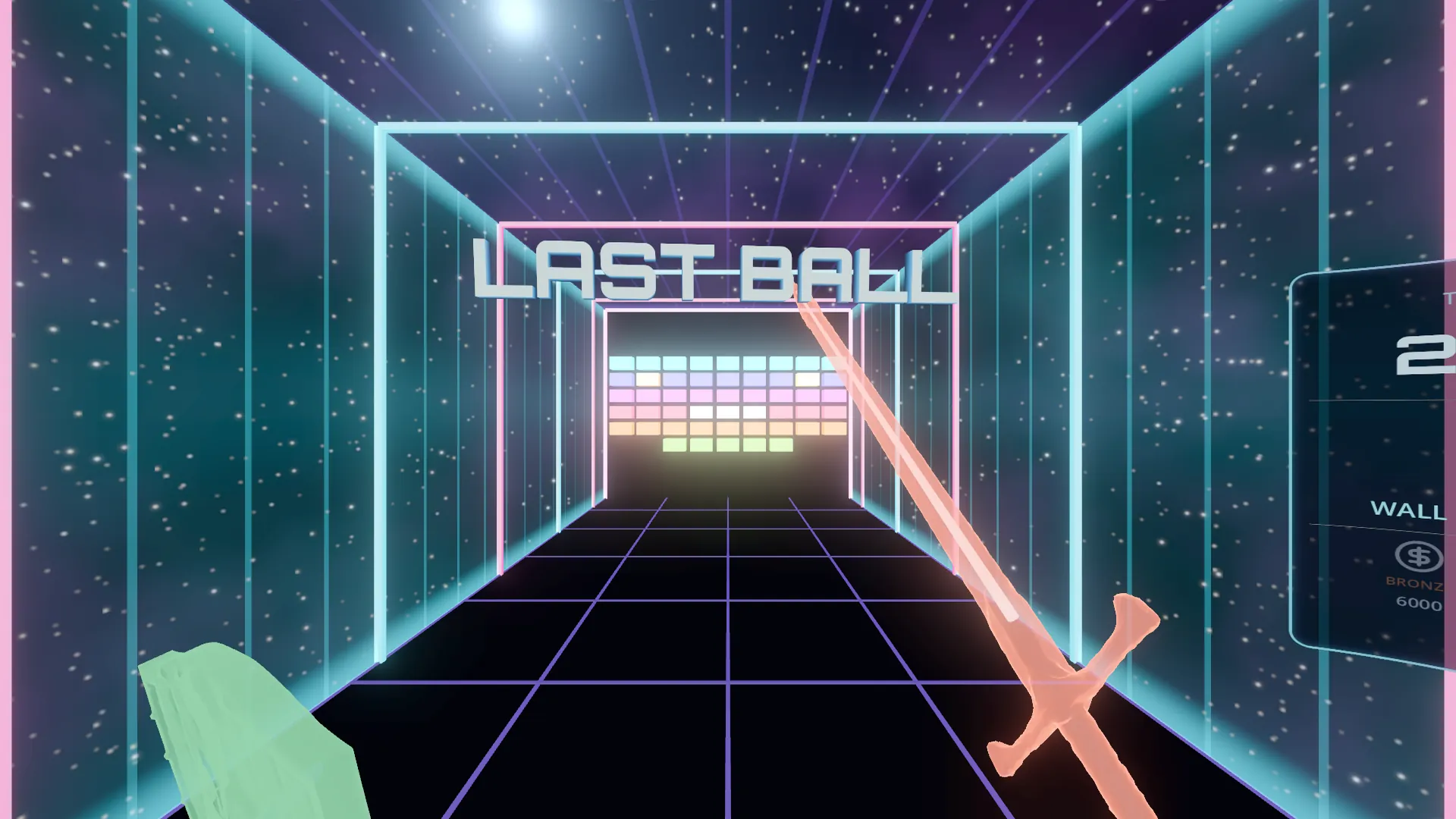 A sword waits to return the last ball toward a wall of glowing bricks