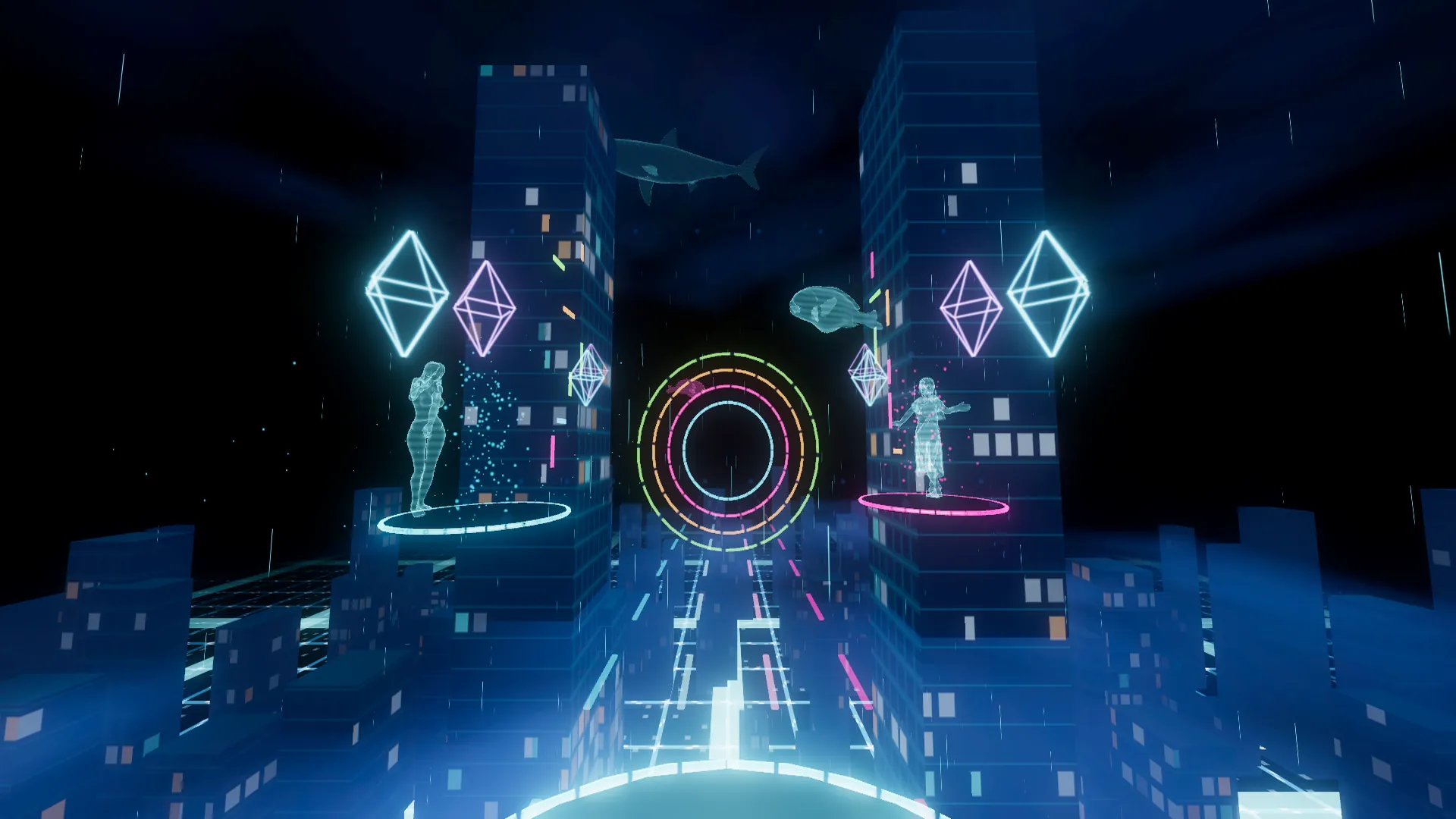 Holographic dancers and glowing towers surround the lane in Cyber City
