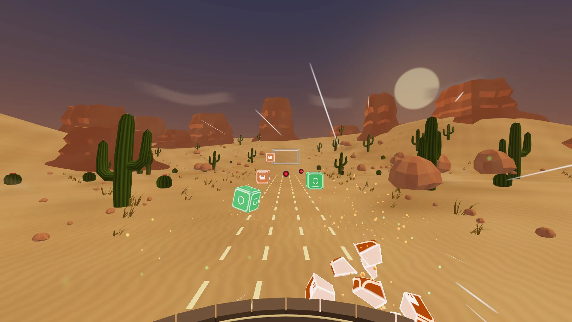 Cubes fly down a desert lane between cacti and red rock mesas at dusk