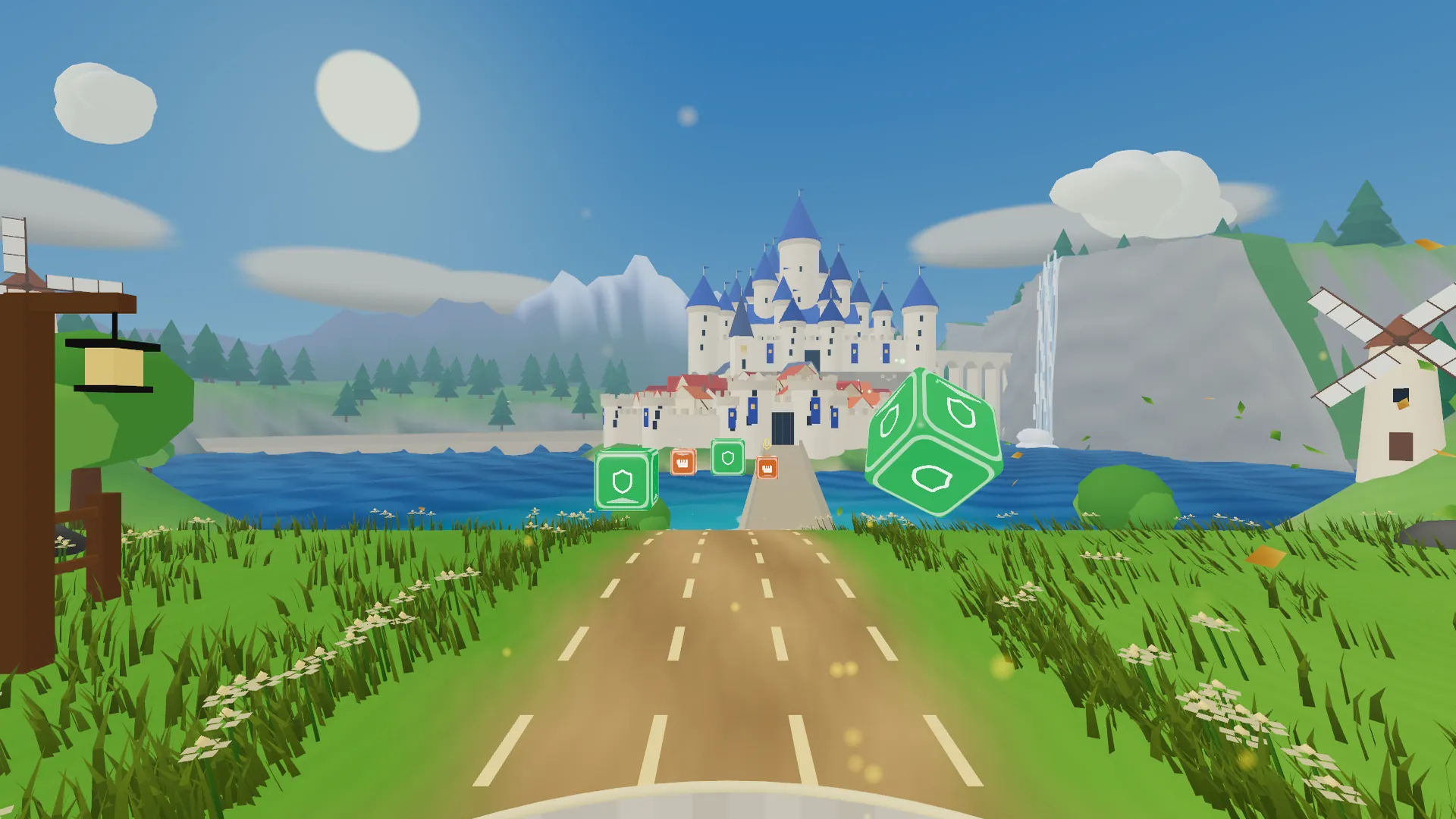 A white castle with blue spires above a lake and a windmill in Isekai Castle