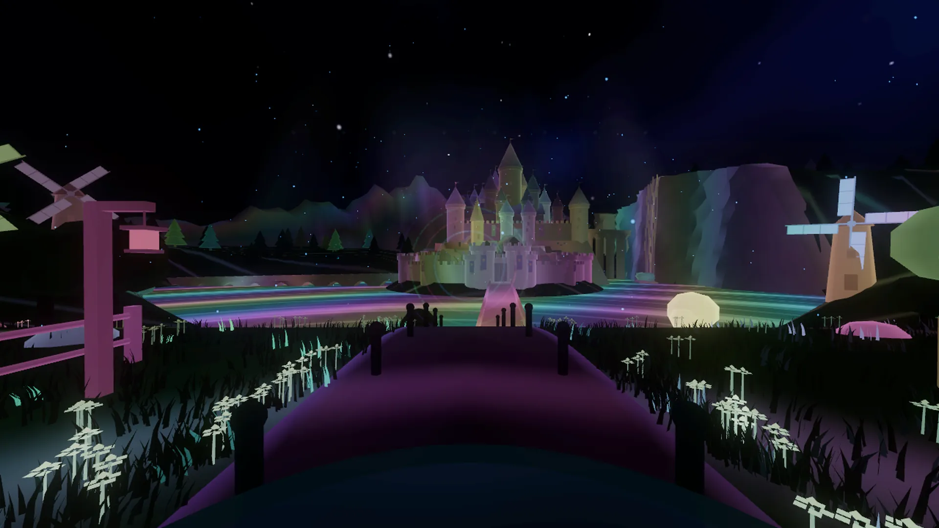 A lit fantasy castle, windmills and a flower field at night in Isekai Castle