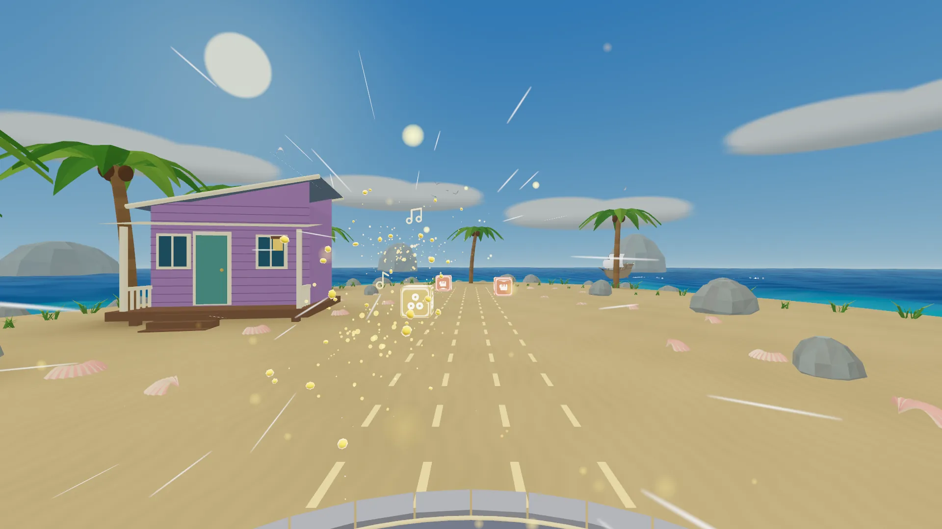 A sandy beach lane with a beach hut, palm trees and sparkling cube hits