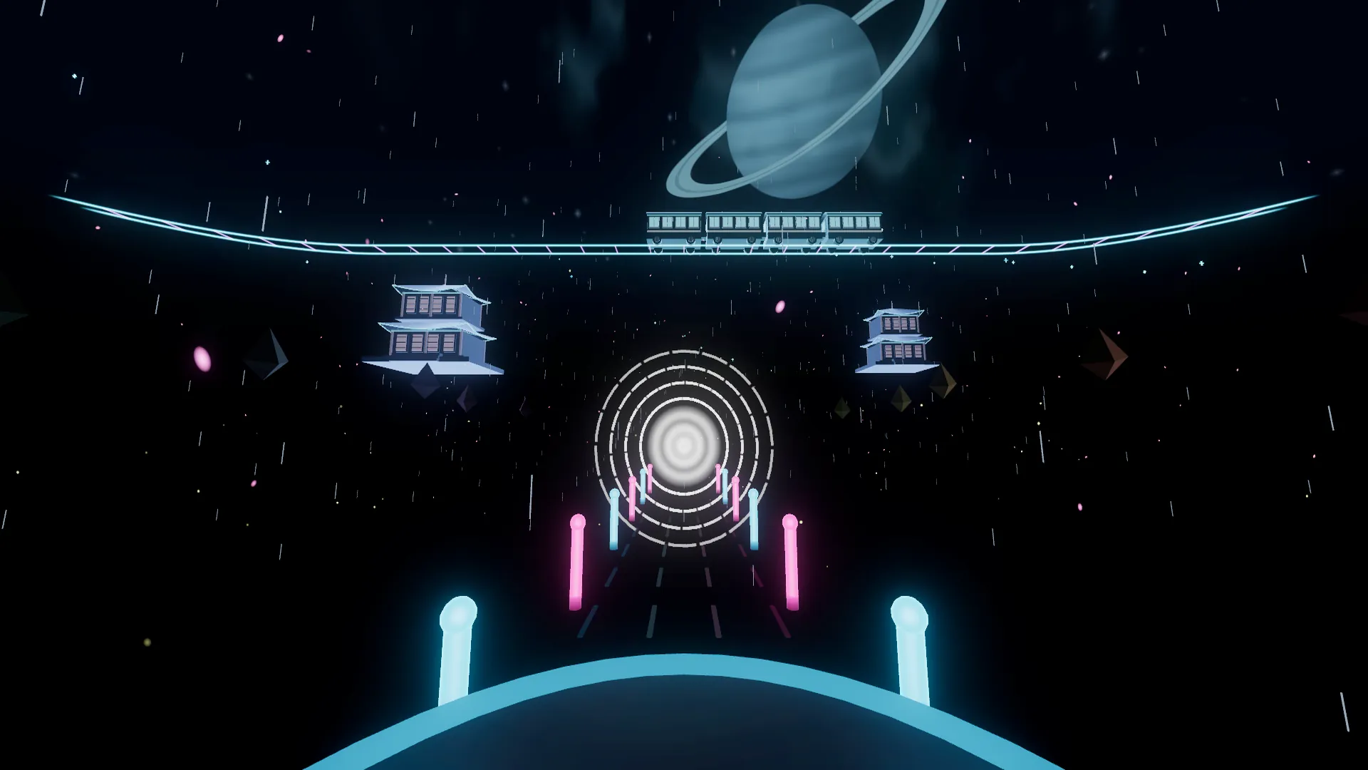 A sky train passes floating pagodas and a ringed planet
