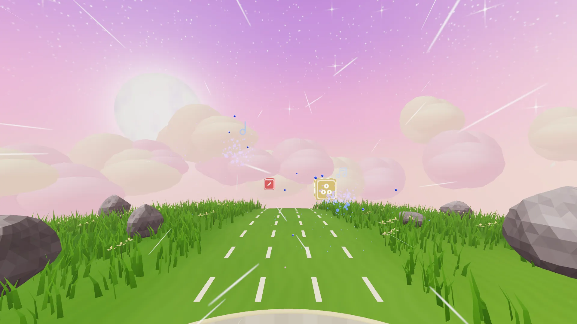 A grassy lane runs toward pastel clouds under a pink sky in Meadow