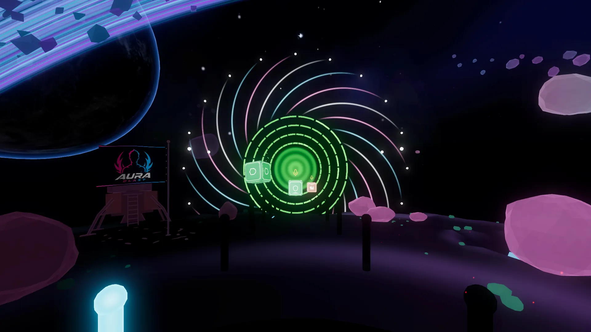 A green energy portal on the Moon with a lander flying the AuraBlast flag