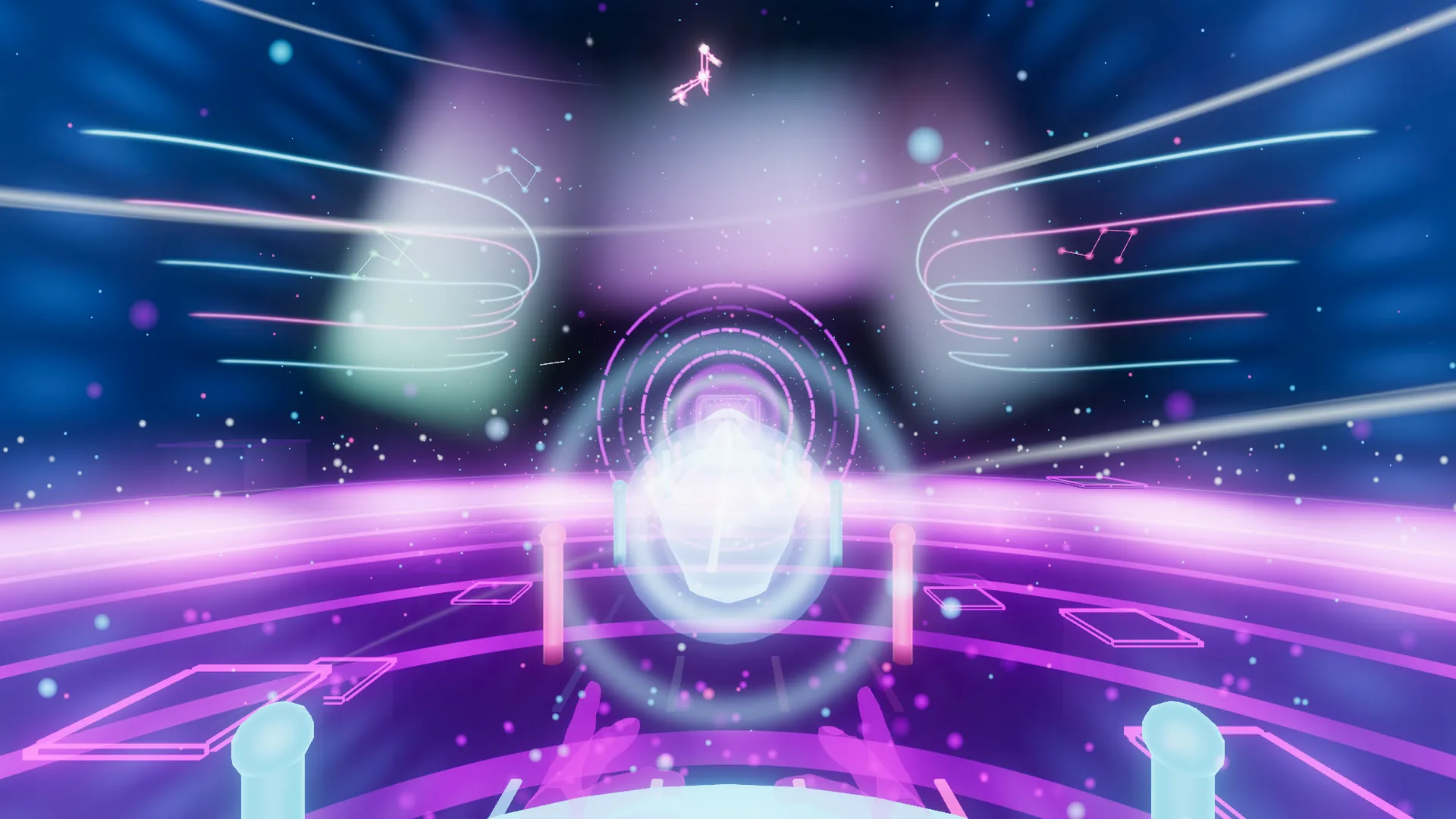An aura transformation: wings of light and a bright energy core flare up around the lane